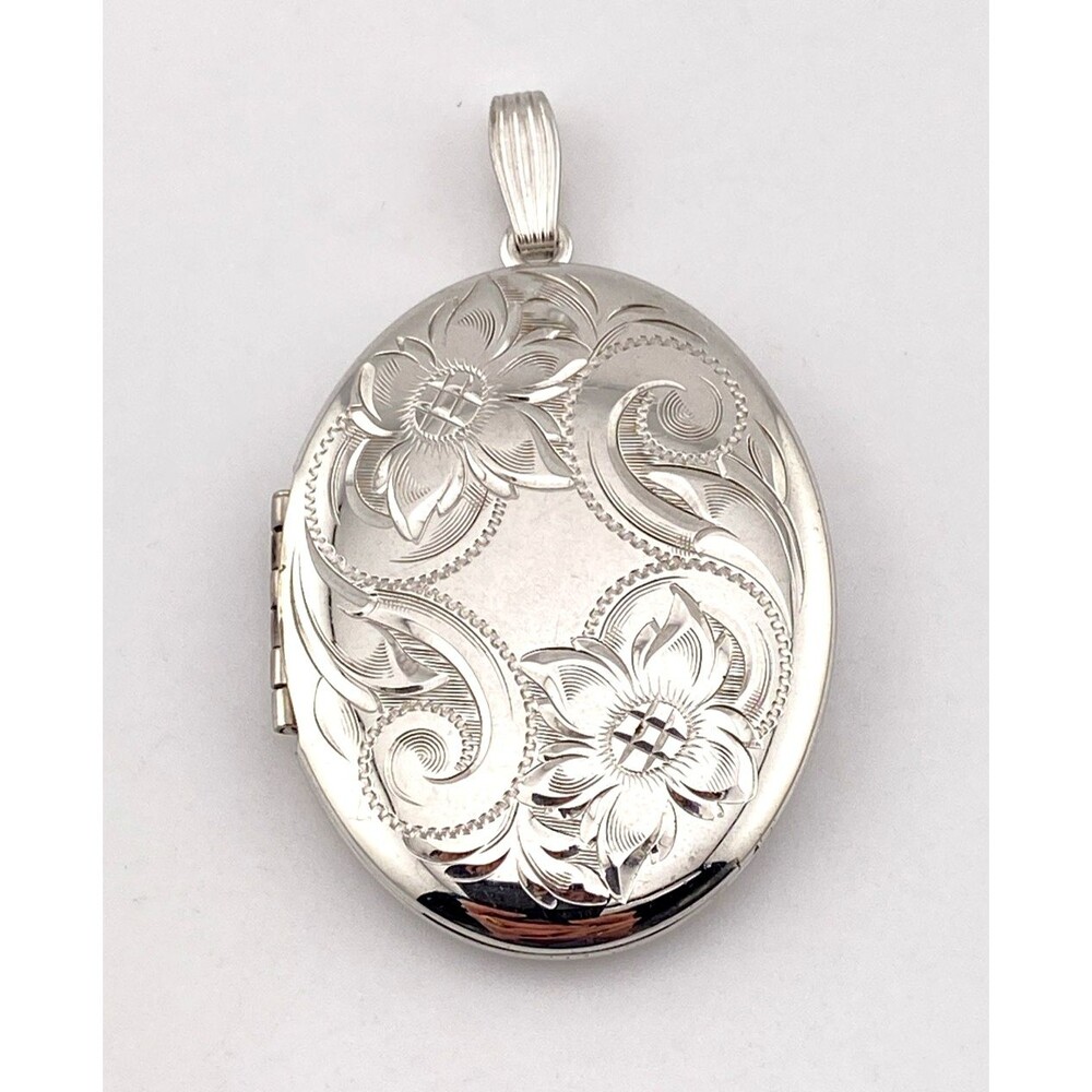 Large Sterling Silver Locket Engraved Floral 42mm Photo Engrave Ready Signed WEH